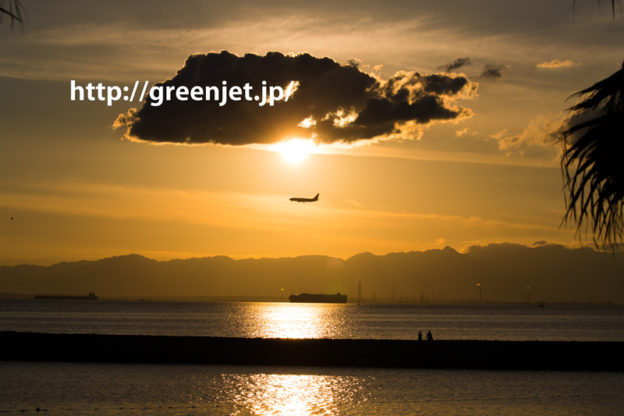 常滑市りんくうビーチにて真夏の夕陽をバックに中部国際空港（セントレア）RWY18へファイナルアプローチする飛行機を連射で写しとめました。