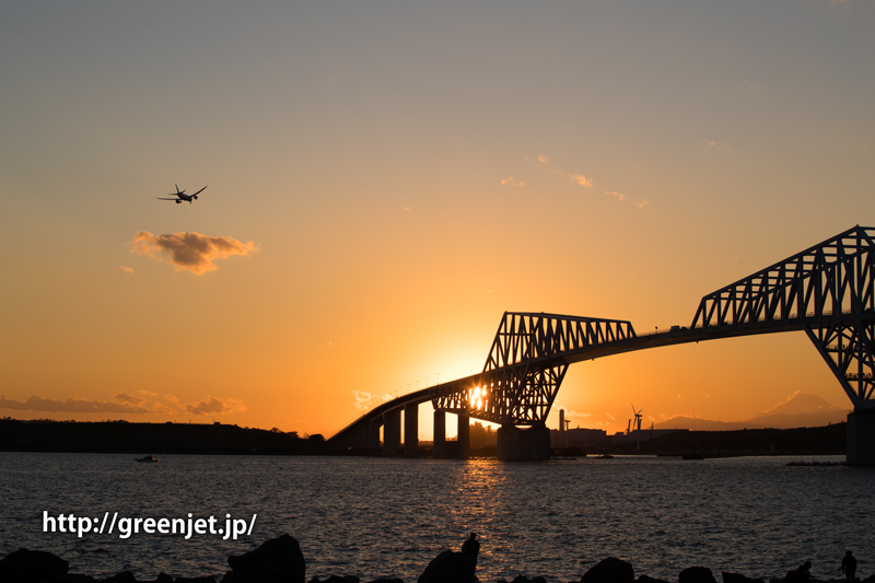 若洲海浜公園にて夕焼け空をバックに飛行機と東京ゲートブリッジ