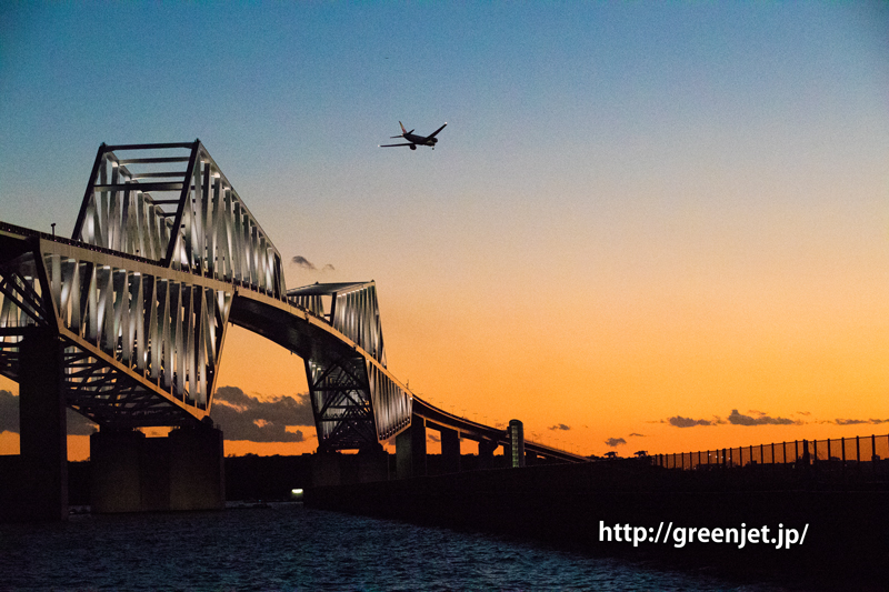 若洲海浜公園にて夕焼け空をバックに飛行機と東京ゲートブリッジ