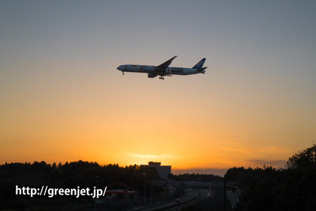 成田空港にて夕焼けとANAスターウォーズJET/BB-8