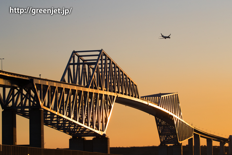 夕陽に輝く東京ゲートブリッジと飛行機（スカイマークのボーイング737）