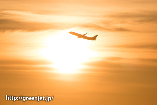 早朝の羽田空港の朝焼けとボーイング737