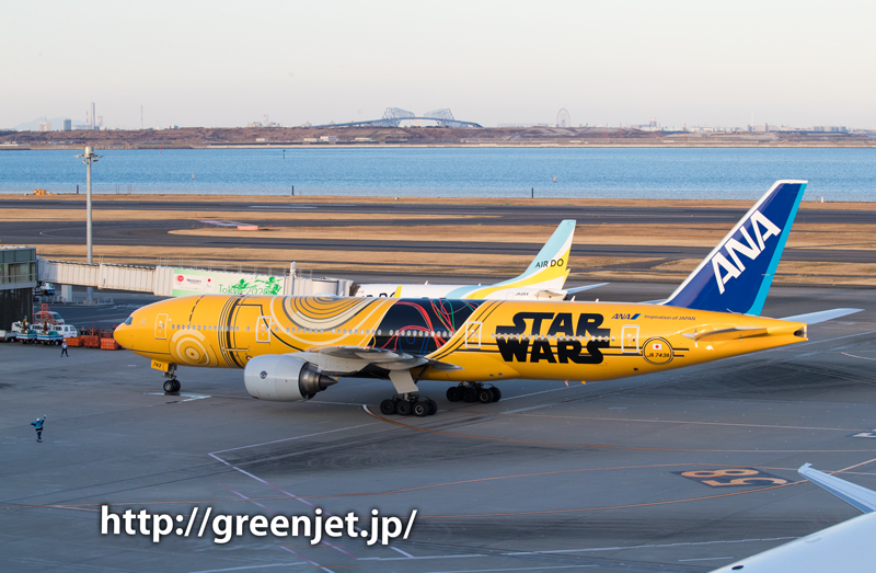 羽田空港のRWY34Rへ着陸するスターウォーズジェット/C-3PO
