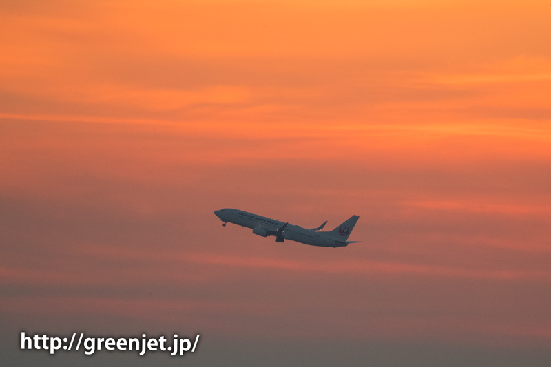 朝焼けの空と羽田空港から離陸する飛行機！＠JALのB737