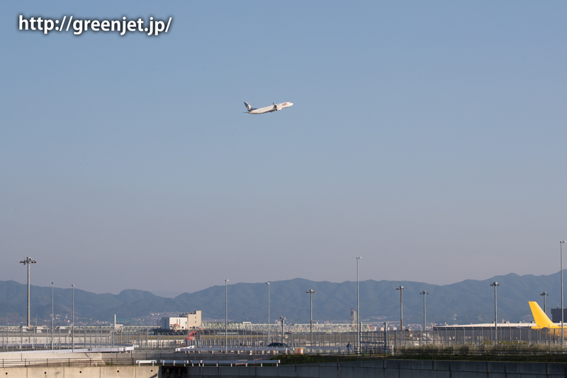 第二ターミナル側から撮る関空のA滑走路を飛び立つ飛行機