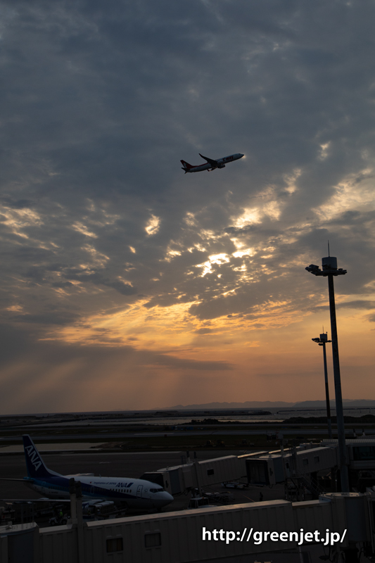 那覇空港の展望デッキで撮る夕焼けと飛行機