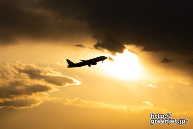 成田で飛行機～ピーチのA320が光の中へ
