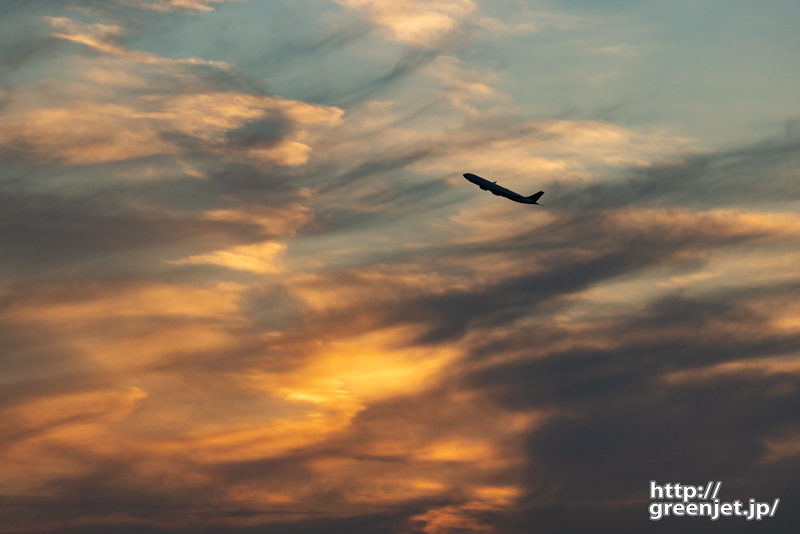 羽田で飛行機～乱れ雲と夕陽、そこにデルタ