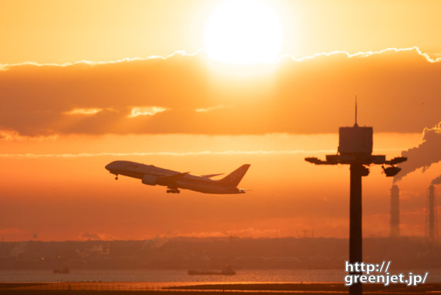 羽田で飛行機～B787が背負う朝焼け