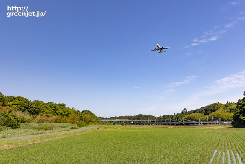 成田で飛行機～水田の上を降りてくる