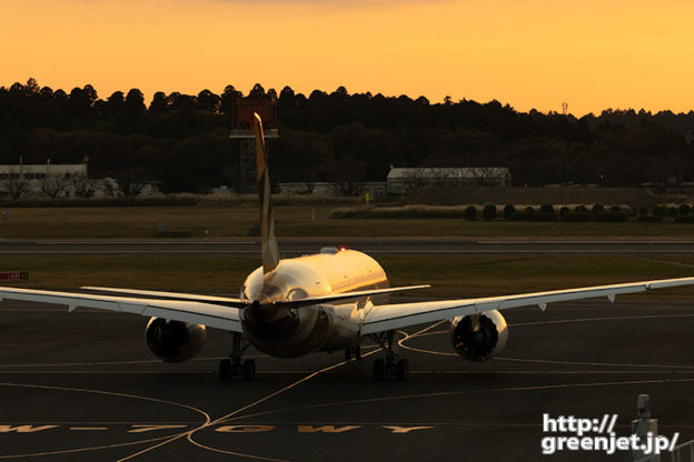 成田で飛行機～黄金の飛行機の輝く背中