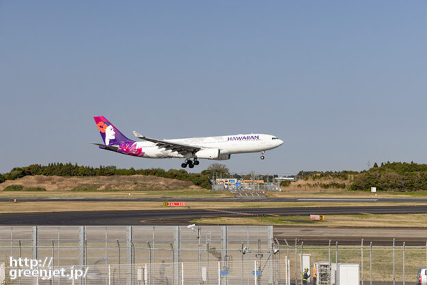 成田で飛行機～ハワイアンA330が跨ぐ道路