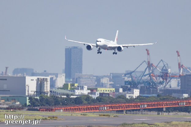 羽田で飛行機～RWY22の誘導灯とA350